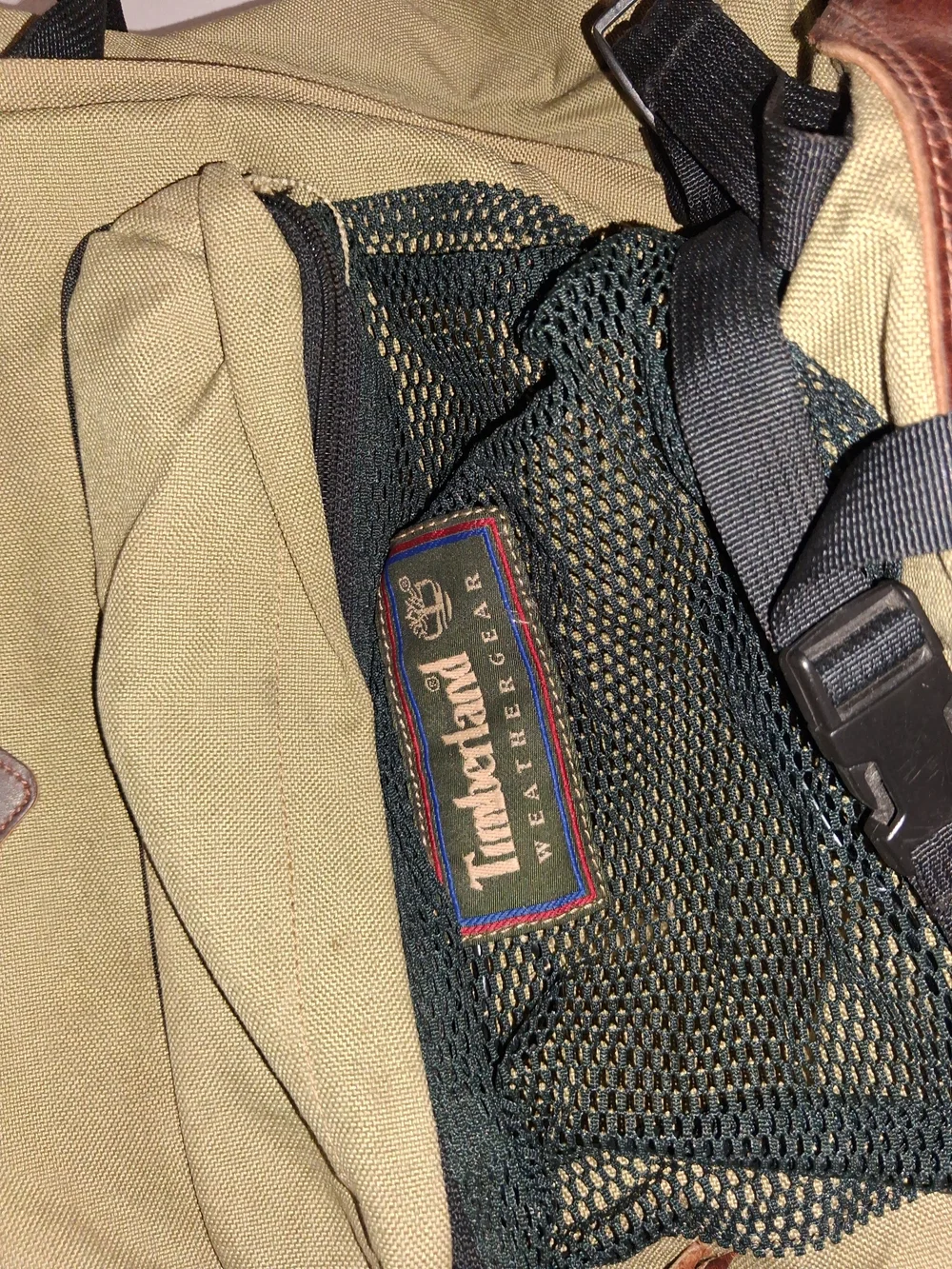 Timberland Olive Canvas Backpack with Brown Leather Accents
